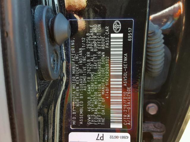 4T4BF1FK7CR269102 - 2012 TOYOTA CAMRY BASE BLACK photo 10