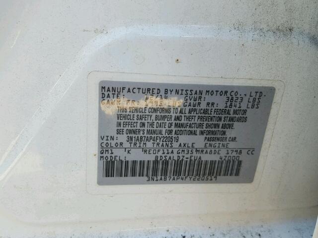 3N1AB7AP4FY220519 - 2015 NISSAN SENTRA S WHITE photo 10