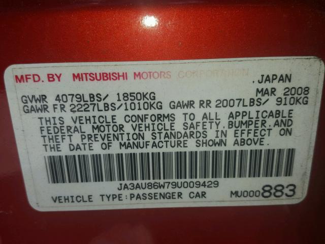 JA3AU86W79U009429 - 2009 MITSUBISHI LANCER GTS RED photo 10