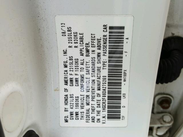 1HGCR2F86DA275269 - 2013 HONDA ACCORD EXL WHITE photo 10