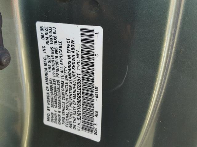 5J6YH28695L020571 - 2005 HONDA ELEMENT EX GREEN photo 10