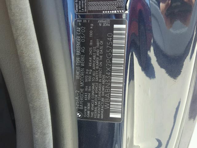 WBABN334X2PG57540 - 2002 BMW 325 CI BLUE photo 10