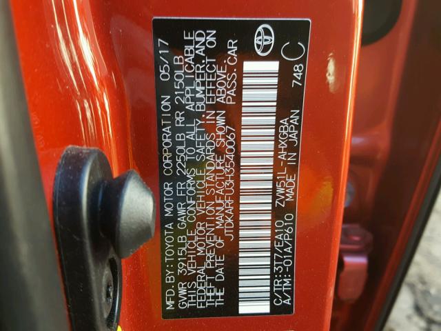 JTDKARFU3H3540067 - 2017 TOYOTA PRIUS RED photo 10