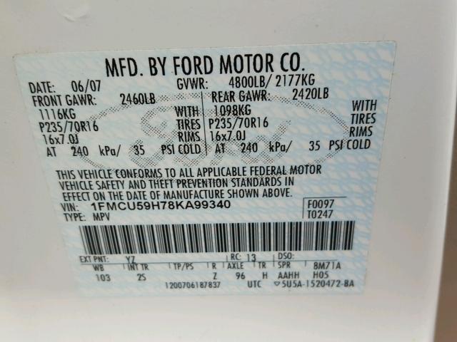 1FMCU59H78KA99340 - 2008 FORD ESCAPE HEV WHITE photo 10