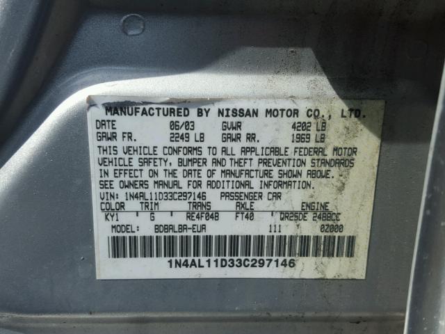 1N4AL11D33C297146 - 2003 NISSAN ALTIMA BAS SILVER photo 10