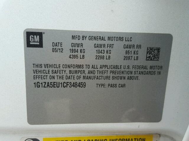 1G1ZA5EU1CF348459 - 2012 CHEVROLET MALIBU LS 白色 照片 10