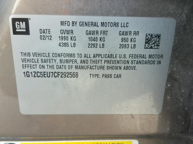 1G1ZC5EU7CF292568 - 2012 CHEVROLET MALIBU 1LT 棕色 照片 10