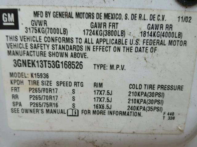 3GNEK13T53G168526 - 2003 CHEVROLET AVALANCHE WHITE photo 10