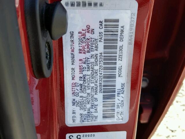 1NXBR32E47Z875394 - 2007 TOYOTA COROLLA RED photo 10