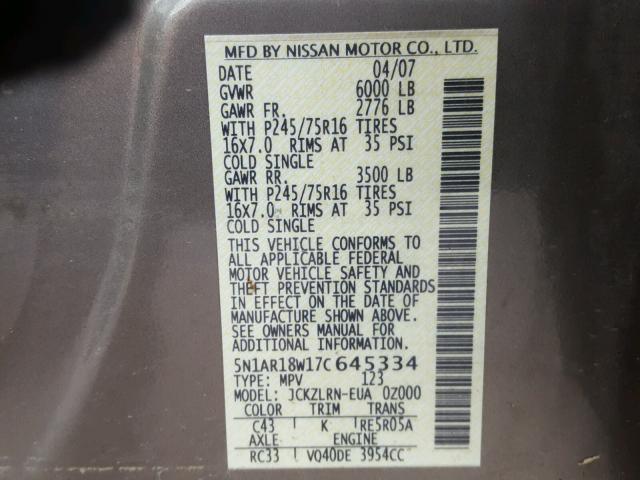 5N1AR18W17C645334 - 2007 NISSAN PATHFINDER TAN photo 10