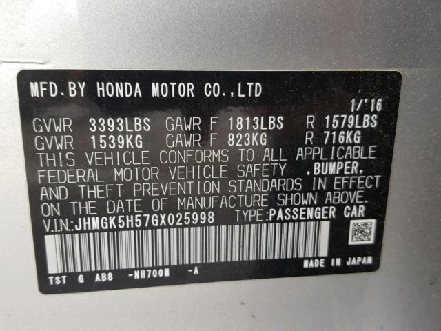 JHMGK5H57GX025998 - 2016 HONDA FIT LX SILVER photo 10