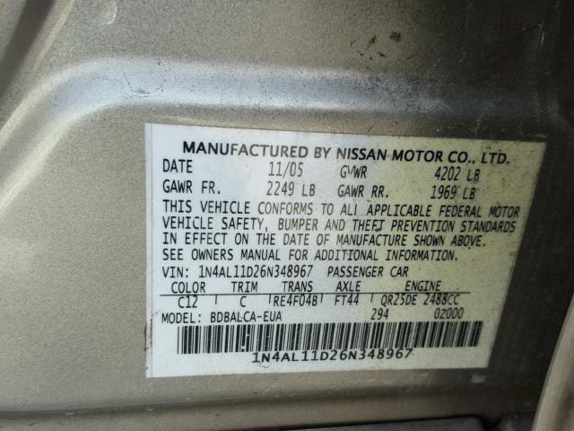 1N4AL11D26N348967 - 2006 NISSAN ALTIMA S GOLD photo 10