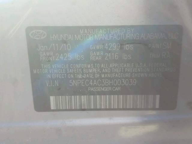 5NPEC4AC3BH003039 - 2011 HYUNDAI SONATA SE SILVER photo 10