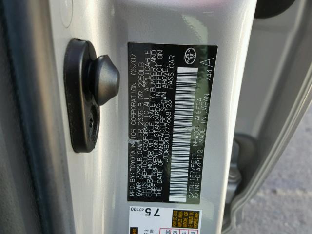 JTDKB20U777668123 - 2007 TOYOTA PRIUS SILVER photo 10