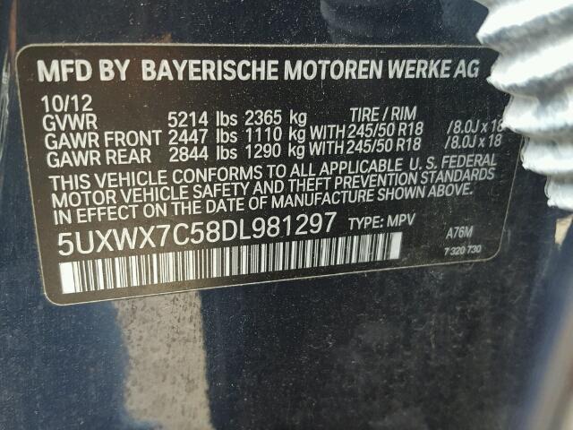 5UXWX7C58DL981297 - 2013 BMW X3 XDRIVE3 BLUE photo 10