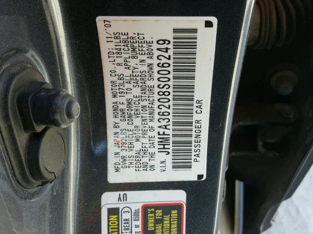 JHMFA36208S006249 - 2008 HONDA CIVIC HYBR GRAY photo 10