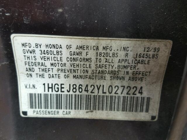 1HGEJ8642YL027224 - 2000 HONDA CIVIC EX MAROON photo 10