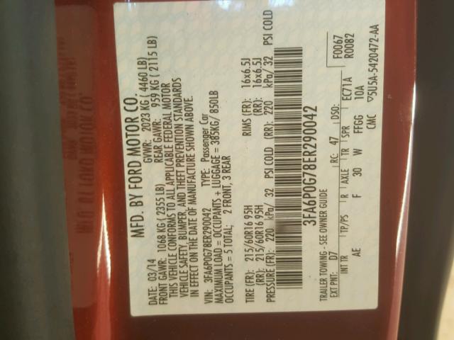 3FA6P0G78ER290042 - 2014 FORD FUSION S RED photo 10