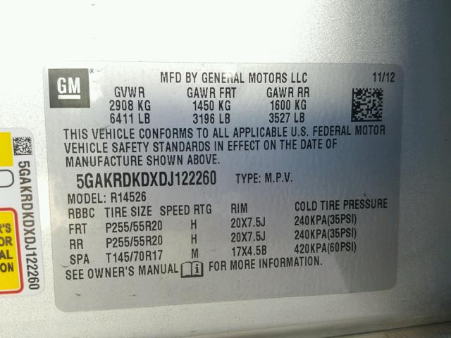 5GAKRDKDXDJ122260 - 2013 BUICK ENCLAVE SILVER photo 10