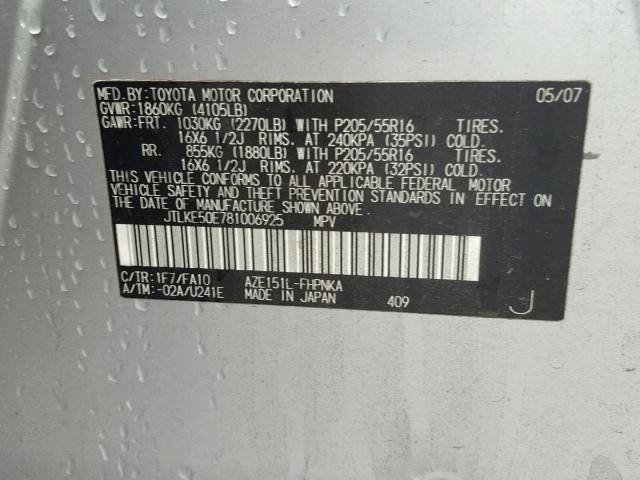 JTLKE50E781006925 - 2008 SCION XB SILVER photo 10