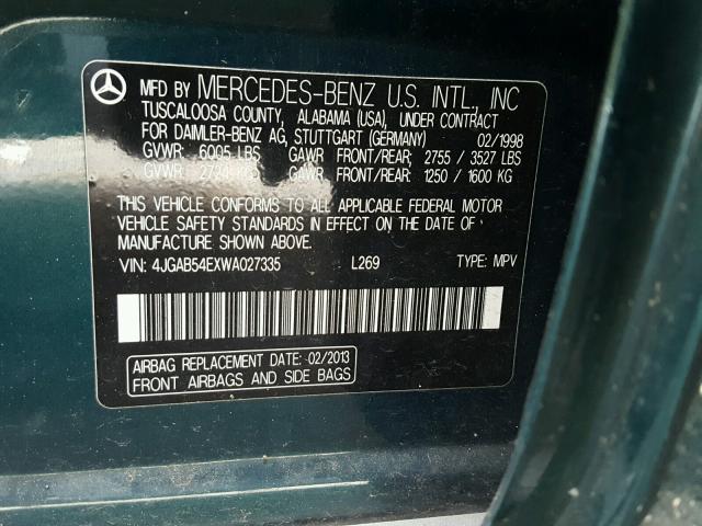 4JGAB54EXWA027335 - 1998 MERCEDES-BENZ ML 320 GREEN photo 10