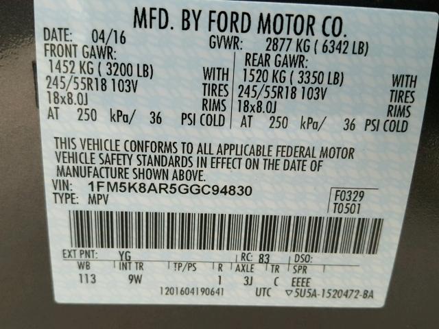 1FM5K8AR5GGC94830 - 2016 FORD EXPLORER P GRAY photo 10