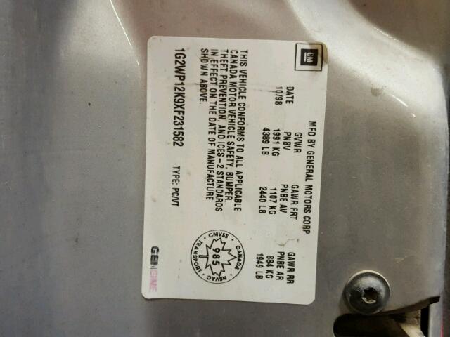 1G2WP12K9XF231582 - 1999 PONTIAC GRAND PRIX GRAY photo 10