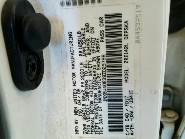 1NXBU40E39Z029798 - 2009 TOYOTA COROLLA BA WHITE photo 10