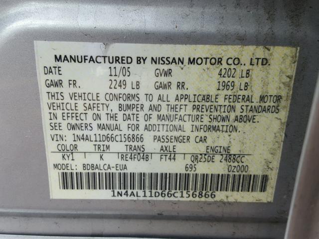 1N4AL11D66C156866 - 2006 NISSAN ALTIMA S SILVER photo 10