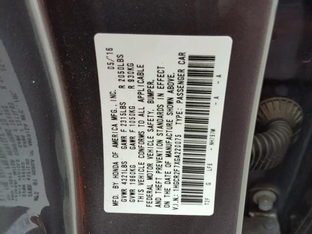 1HGCR2F7XGA220075 - 2016 HONDA ACCORD EX GRAY photo 10