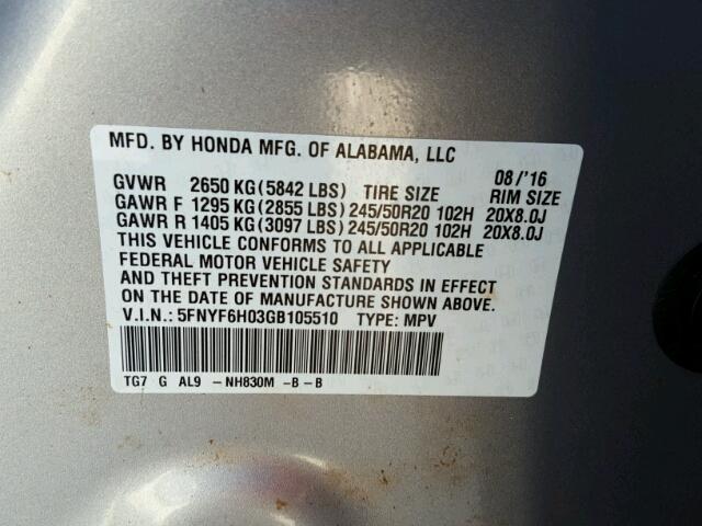 5FNYF6H03GB105510 - 2016 HONDA PILOT ELIT SILVER photo 10