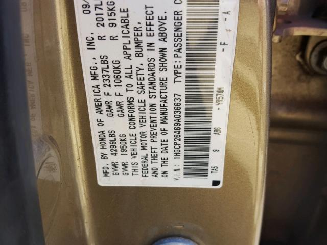 1HGCP26469A036637 - 2009 HONDA ACCORD LXP GOLD photo 10