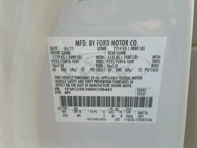 1FMCU5K39BKC06443 - 2011 FORD ESCAPE HYB WHITE photo 10