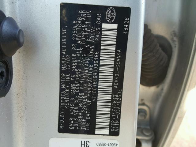 4T1BE46K69U396186 - 2009 TOYOTA CAMRY BASE SILVER photo 10