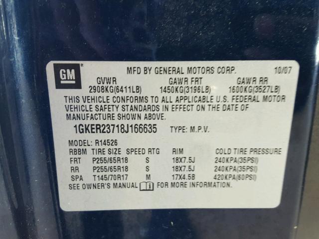 1GKER23718J166635 - 2008 GMC ACADIA SLT BLUE photo 10