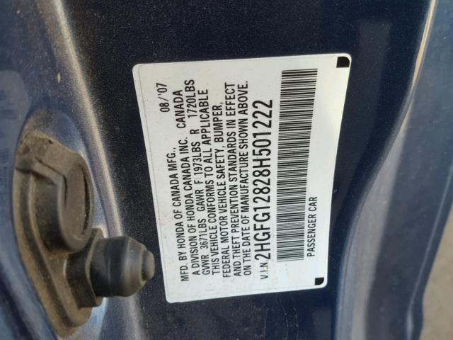 2HGFG12828H501222 - 2008 HONDA CIVIC EX 蓝色 照片 10