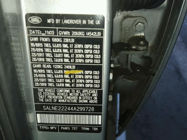 SALNE22244A299728 - 2004 LAND ROVER FREELANDER SILVER photo 10