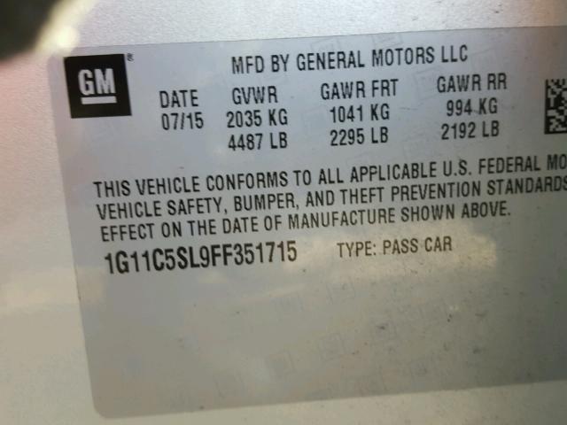 1G11C5SL9FF351715 - 2015 CHEVROLET MALIBU 1LT 银色 照片 10