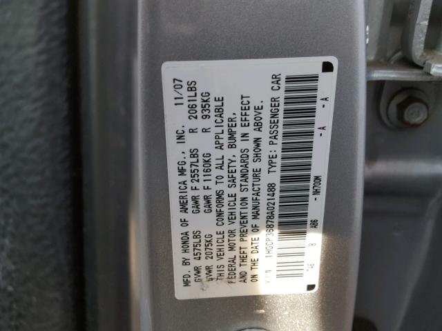 1HGCP36878A021488 - 2008 HONDA ACCORD EXL SILVER photo 10