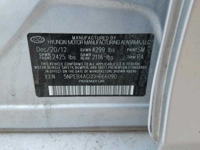 5NPEB4AC0DH666090 - 2013 HYUNDAI SONATA GLS SILVER photo 10