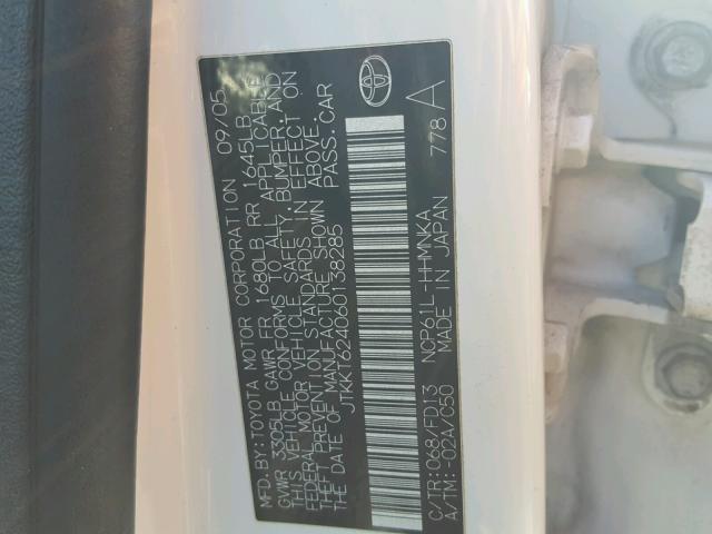 JTKKT624060138285 - 2006 TOYOTA SCION XA WHITE photo 10