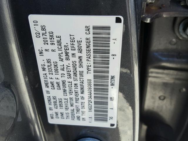 1HGCP2F34AA090868 - 2010 HONDA ACCORD LX GRAY photo 10