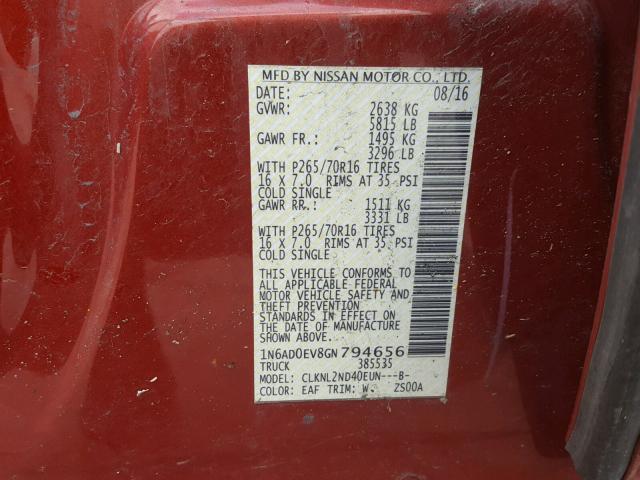 1N6AD0EV8GN794656 - 2016 NISSAN FRONTIER S RED photo 10