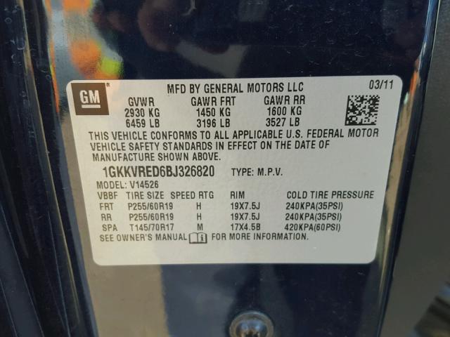 1GKKVRED6BJ326820 - 2011 GMC ACADIA SLT შავი ფოტო 10