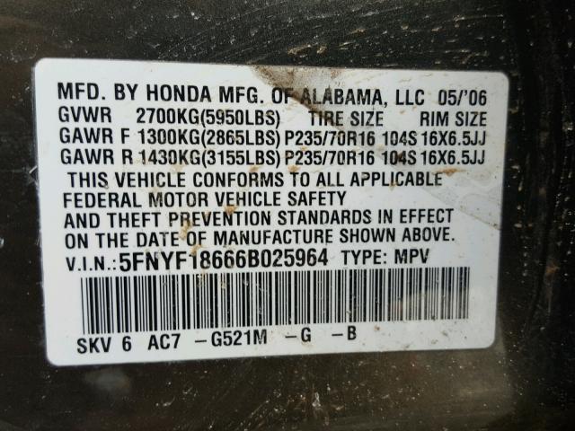 5FNYF18666B025964 - 2006 HONDA PILOT EX GRAY photo 10