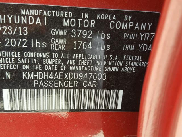 KMHDH4AEXDU947603 - 2013 HYUNDAI ELANTRA GL RED photo 10