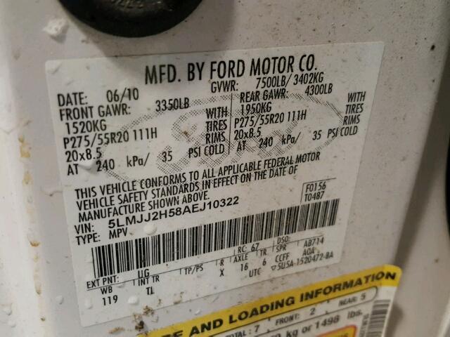 5LMJJ2H58AEJ10322 - 2010 LINCOLN NAVIGATOR WHITE photo 10