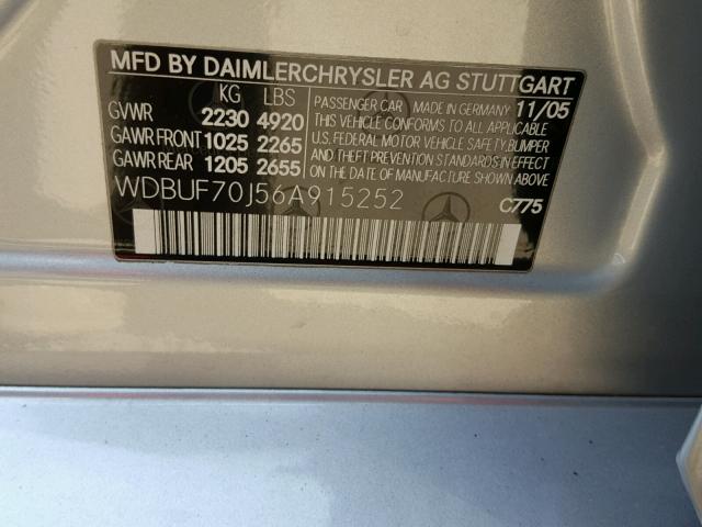 WDBUF70J56A915252 - 2006 MERCEDES-BENZ E 500 SILVER photo 10