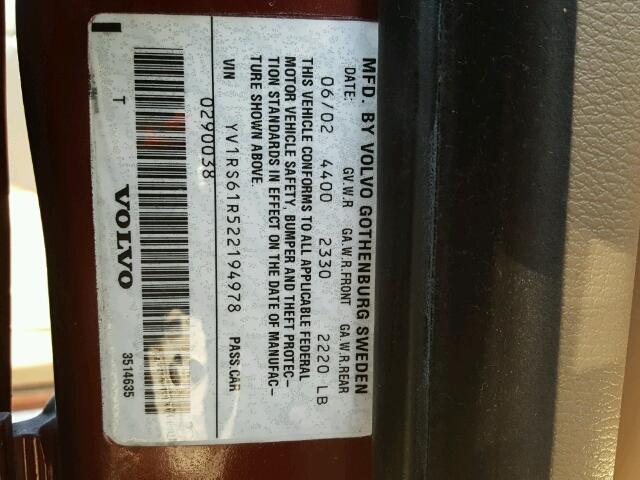 YV1RS61R522194978 - 2002 VOLVO S60 მუქწითელი ფოტო 10
