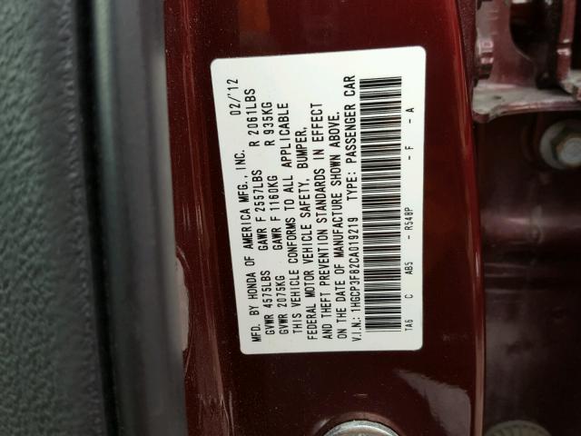 1HGCP3F82CA019219 - 2012 HONDA ACCORD EXL MAROON photo 10